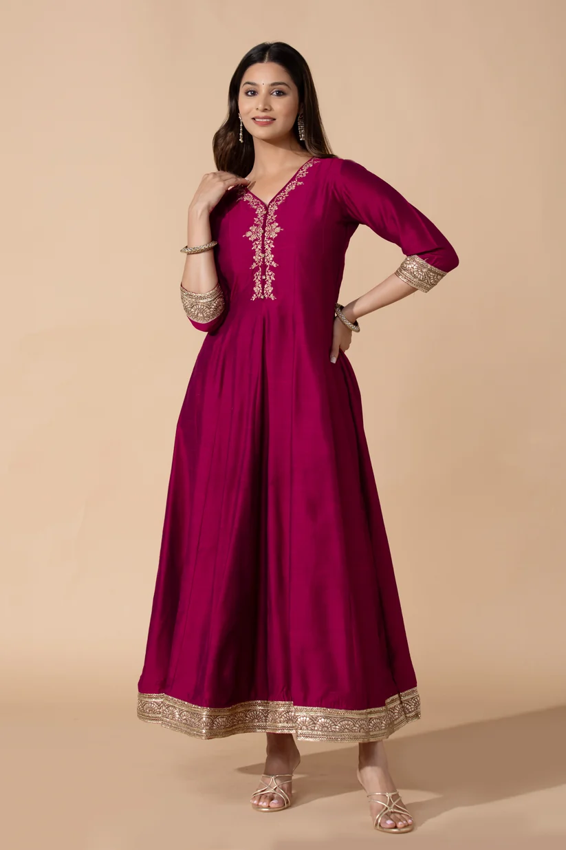 Floral Embroidered & Lace Pink A-Line Anarkali