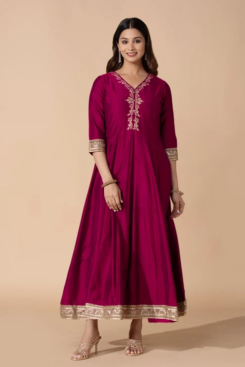 Floral Embroidered & Lace Pink A-Line Anarkali