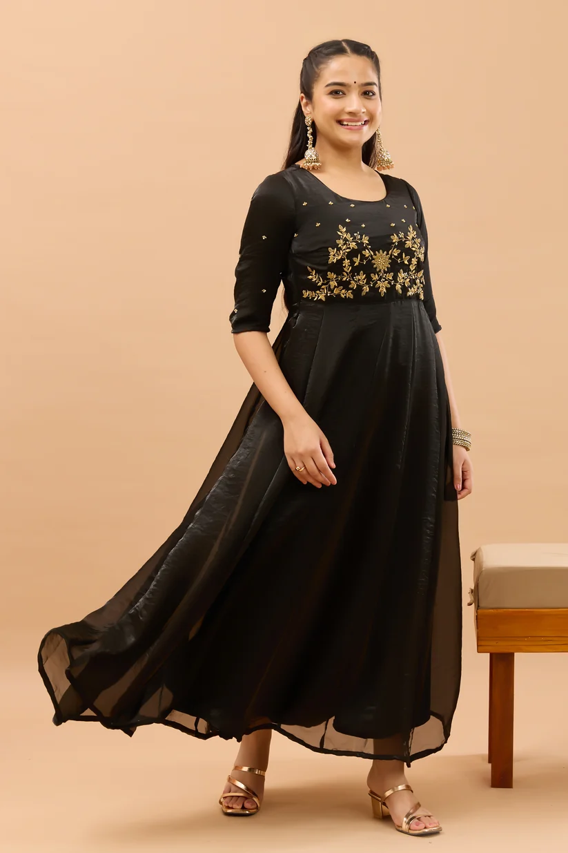 Floral & Sequence Embroidered Black Anarkali