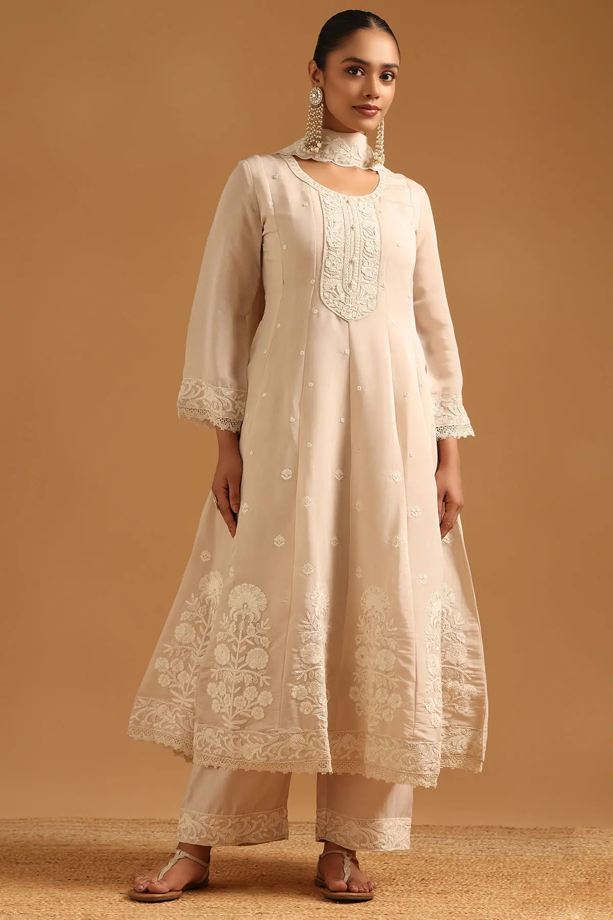 Beige Mul Chanderi Floral Anarkali Salwar with Dori Embroidery & Stones
