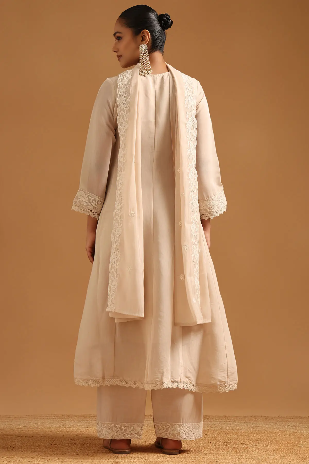 Beige Mul Chanderi Floral Anarkali Salwar with Dori Embroidery & Stones