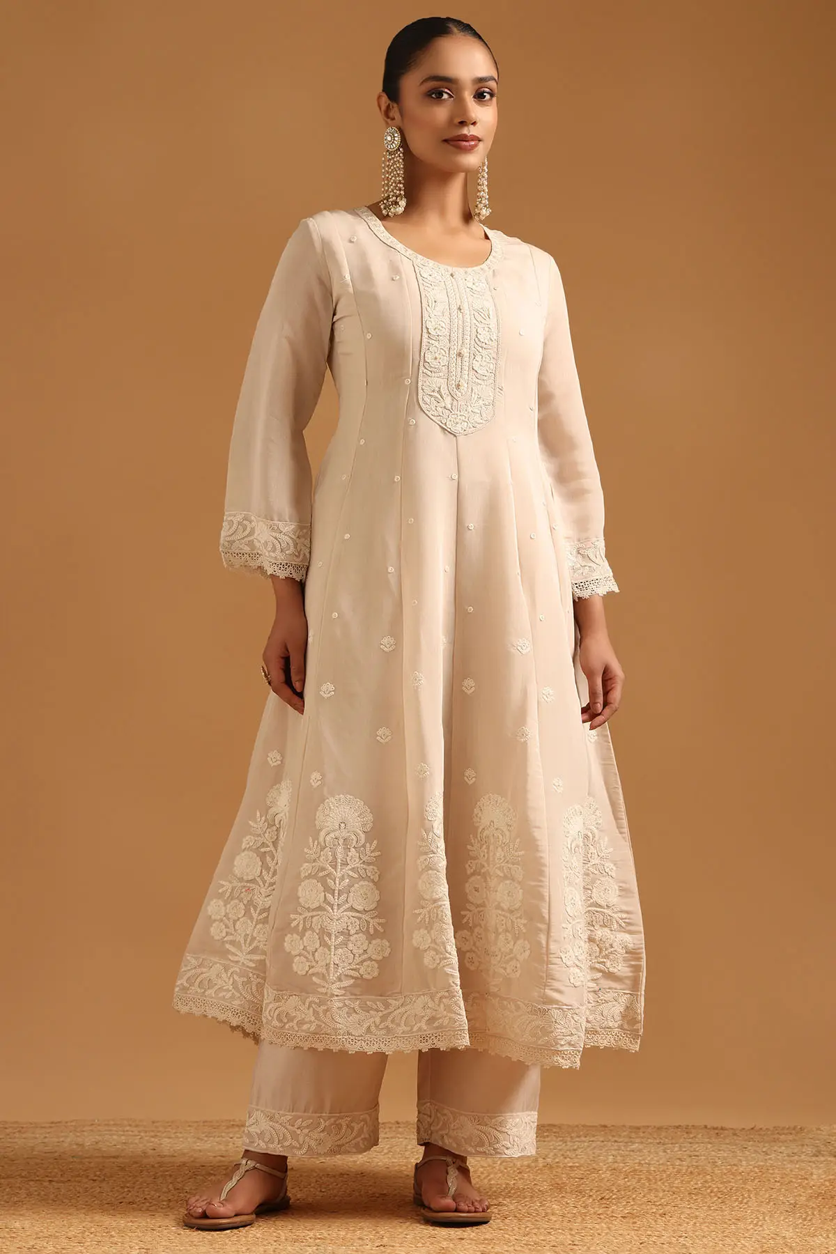 Beige Mul Chanderi Floral Anarkali Salwar with Dori Embroidery & Stones