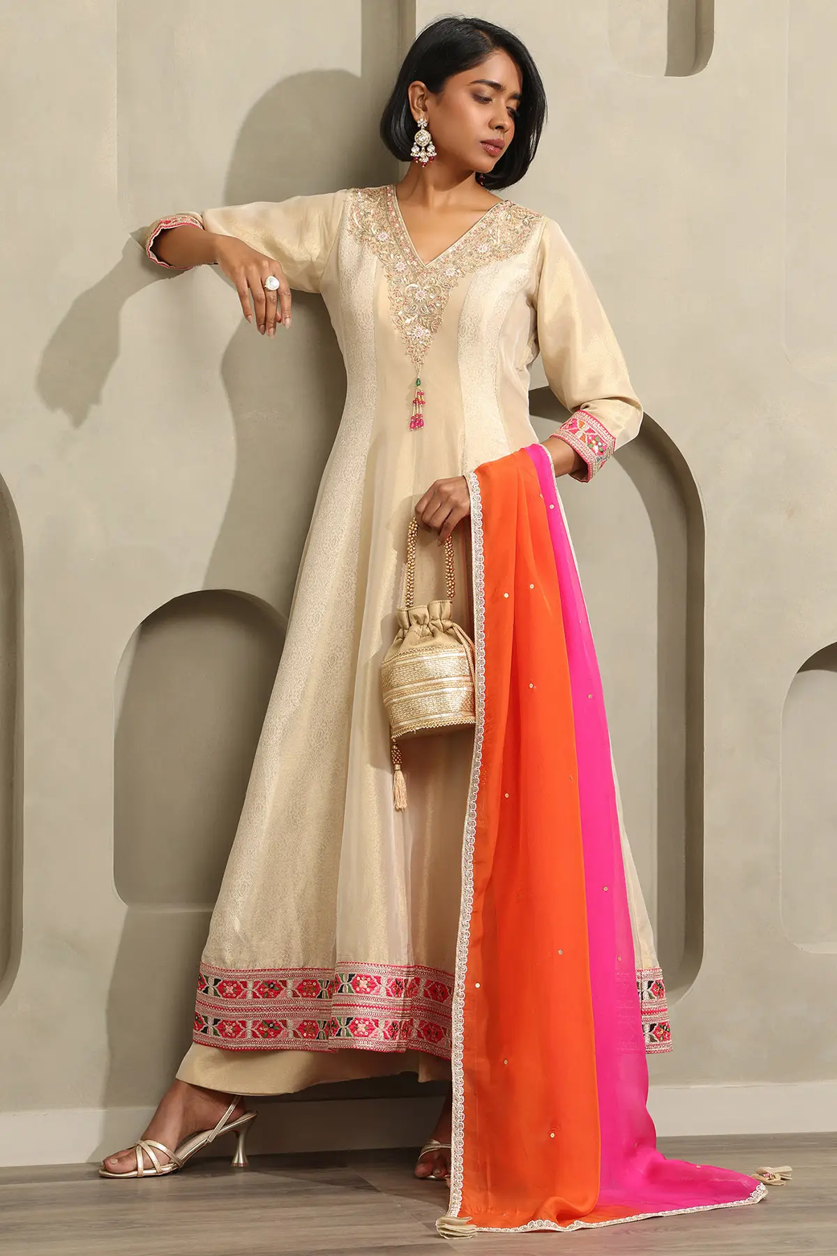 Cream Tissue Ethnic Motifs Zari Embroidered Salwar Suit With Sequins