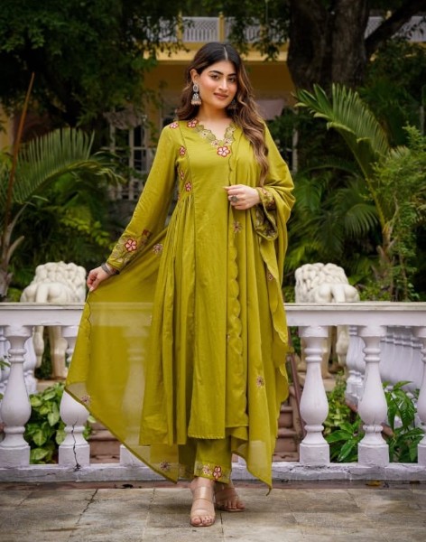 Olive Green Chanderi Silk Flared Anarkali Suit Set