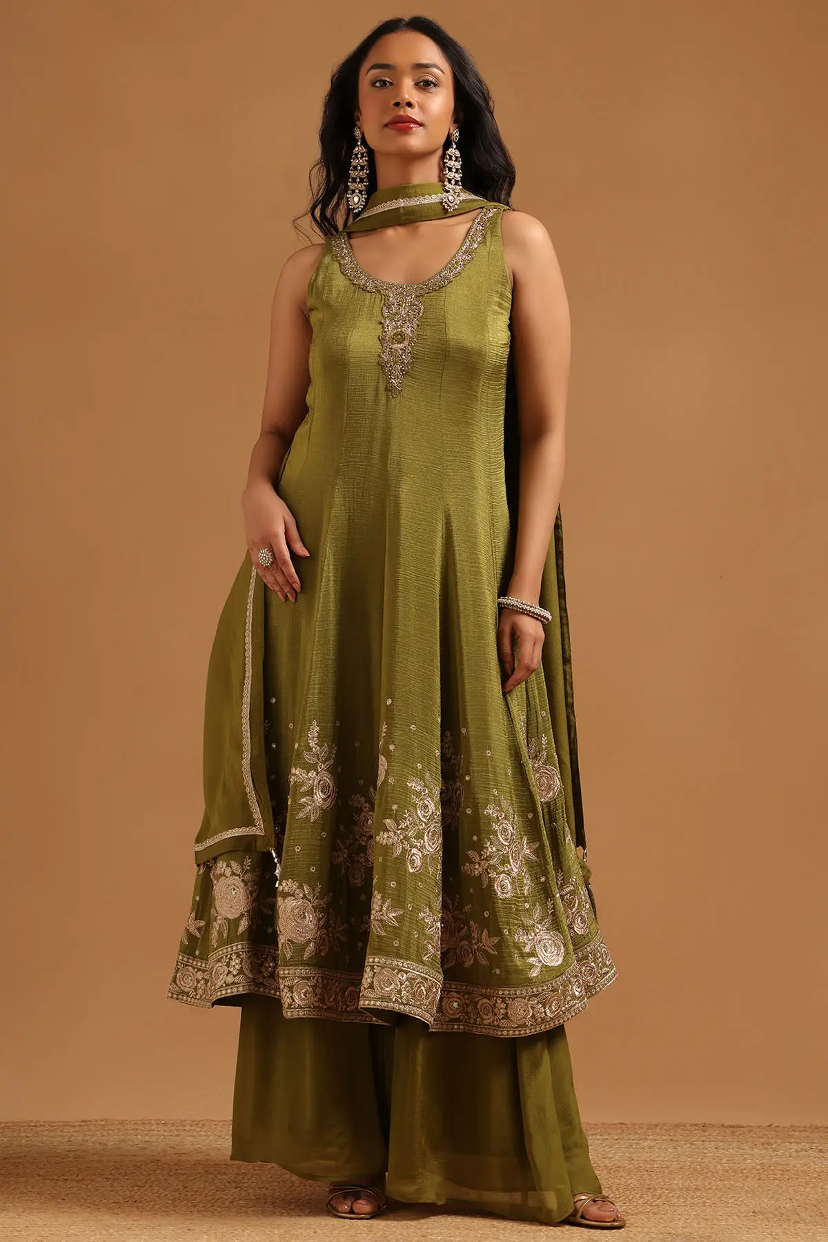 Green Tissue Botanical Zari Embroidered Anarkali Suit Set