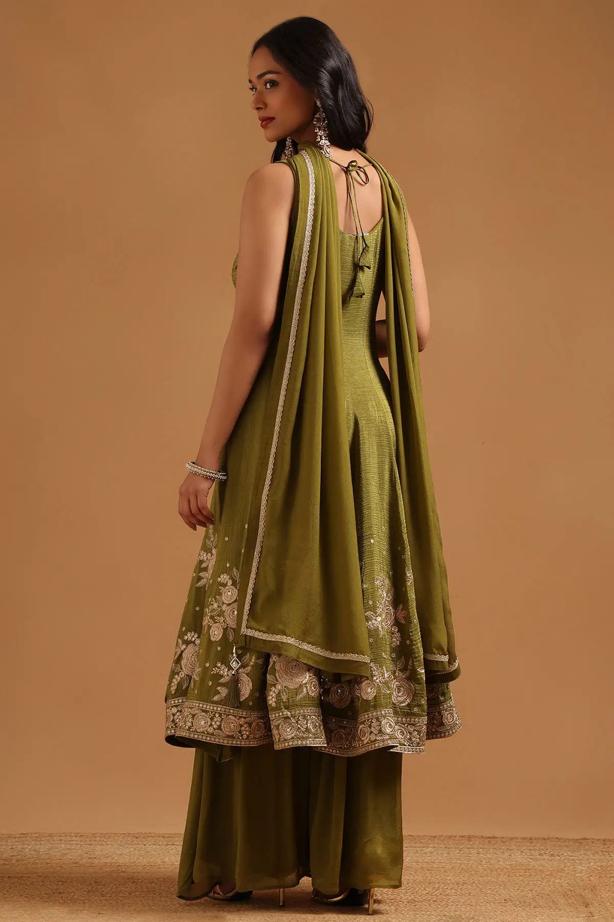 Green Tissue Botanical Zari Embroidered Anarkali Suit Set