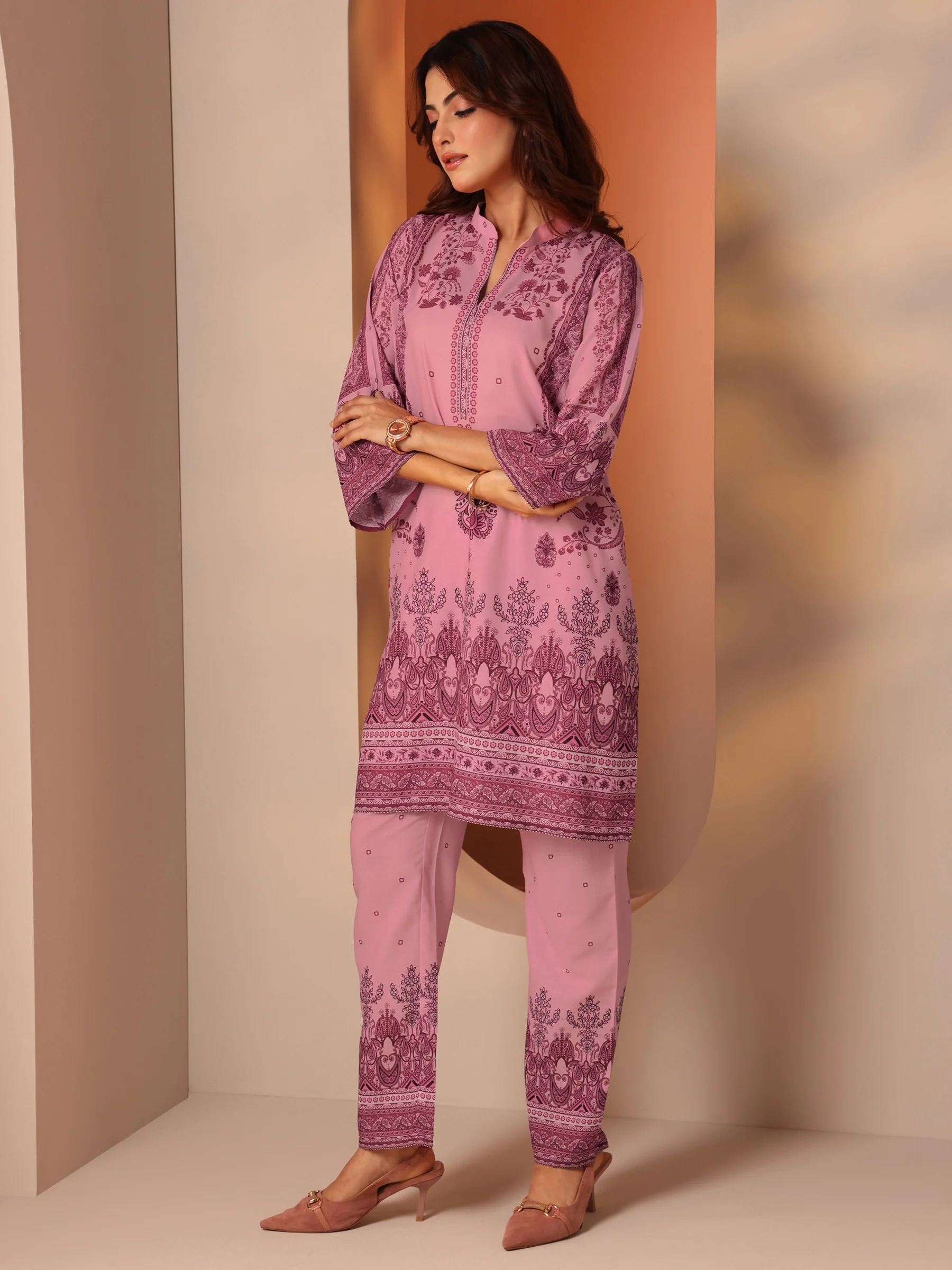 Pink Printed Cotton Blend Co-Ord Sets