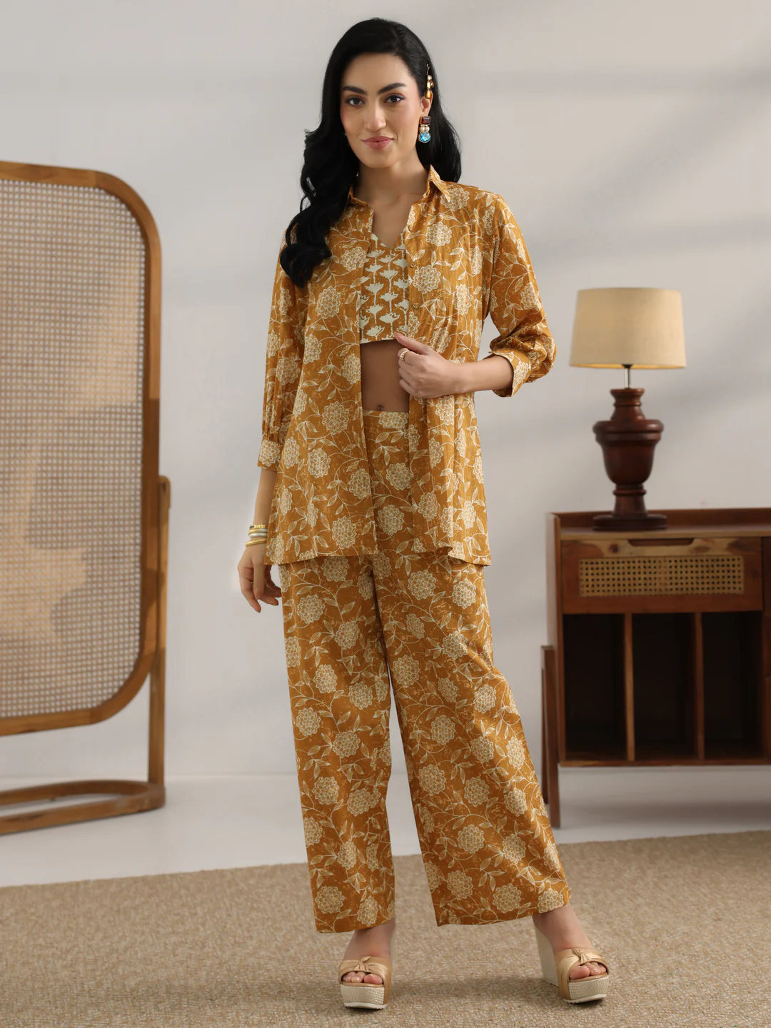 Mustard Printed Cotton 3 Piece Co-Ord Set