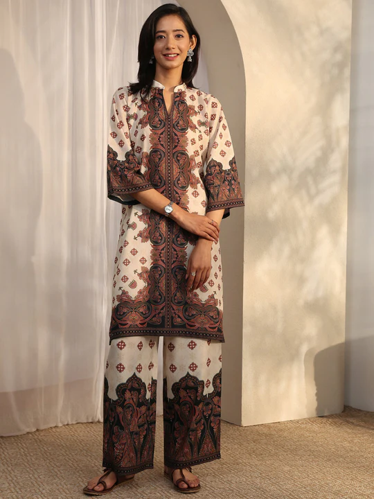Off White Printed Cotton Blend Co-Ord Sets