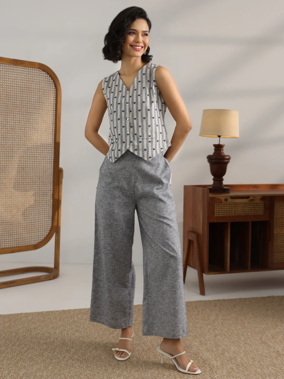 Grey Striped Printed Co-Ord Set