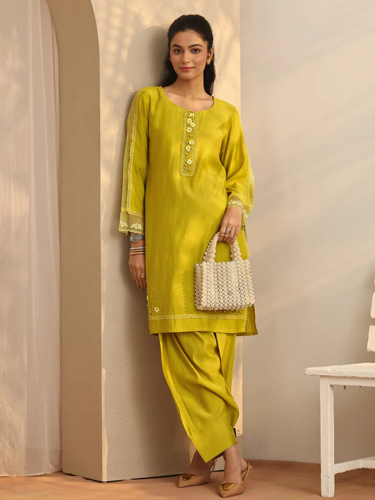 Green Embroidered Silk Blend Co-Ord Sets