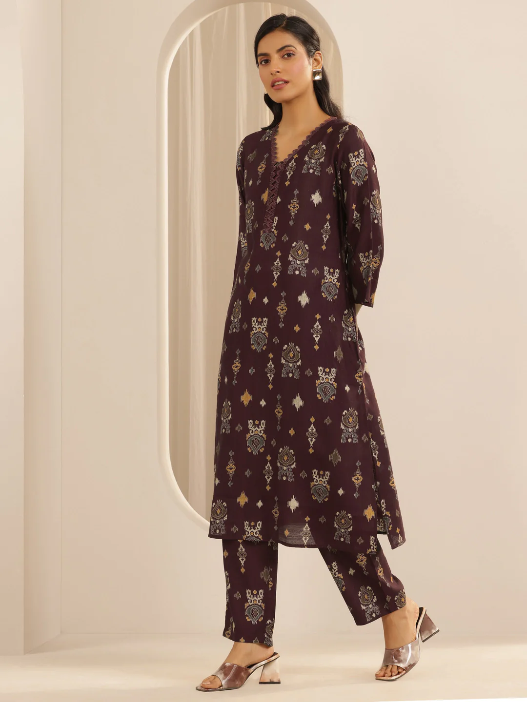 Brown Printed Silk Blend Co-Ord Sets