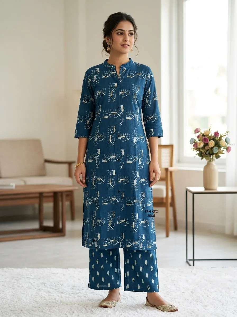 Teal Blue Ethnic Printed Straight Kurta Pant Set