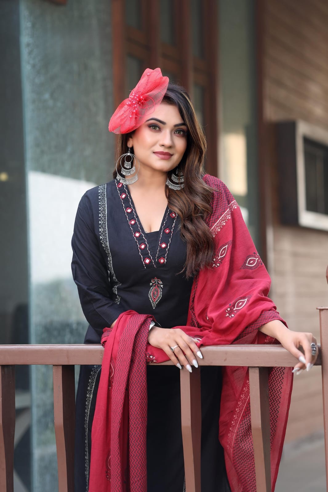A-Line Cotton Block Print Kurti Pant Dupatta Set