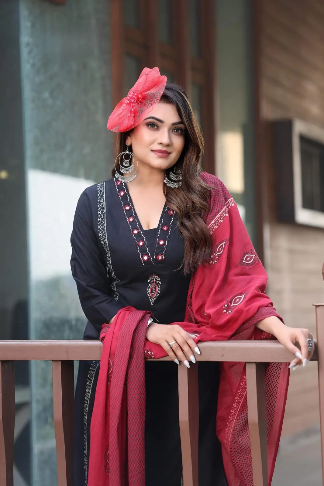 A-Line Cotton Block Print Kurti Pant Dupatta Set
