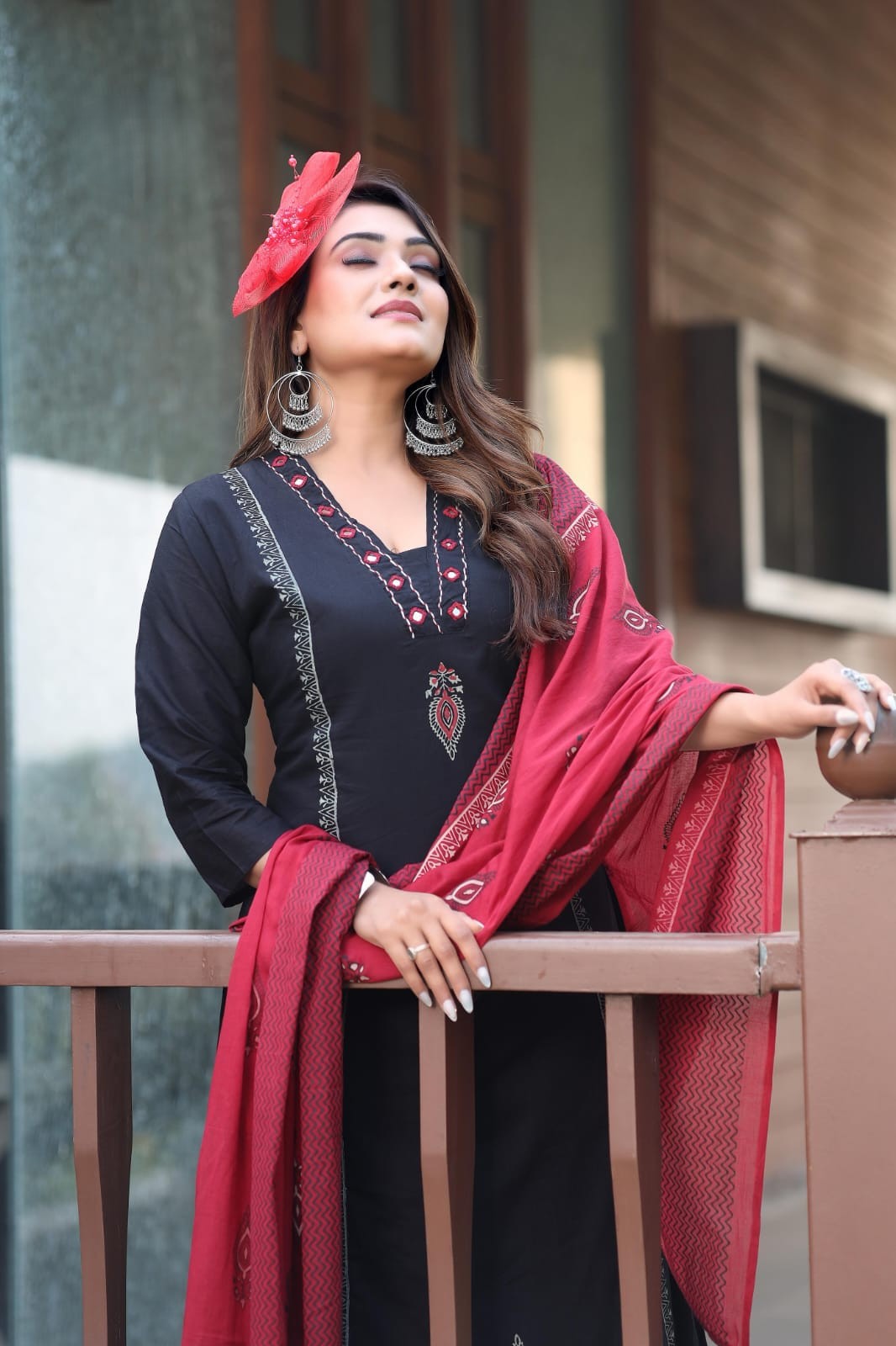 A-Line Cotton Block Print Kurti Pant Dupatta Set