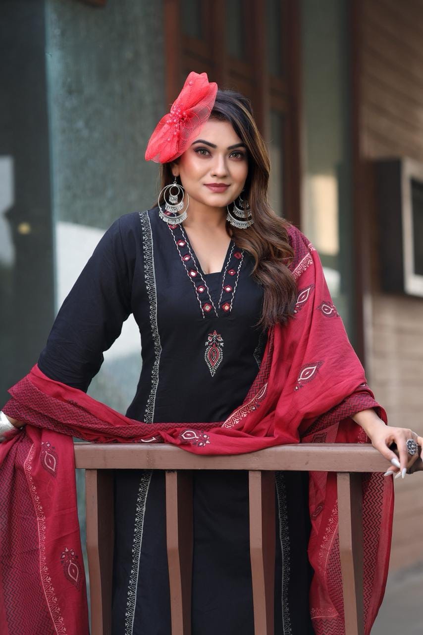 A-Line Cotton Block Print Kurti Pant Dupatta Set