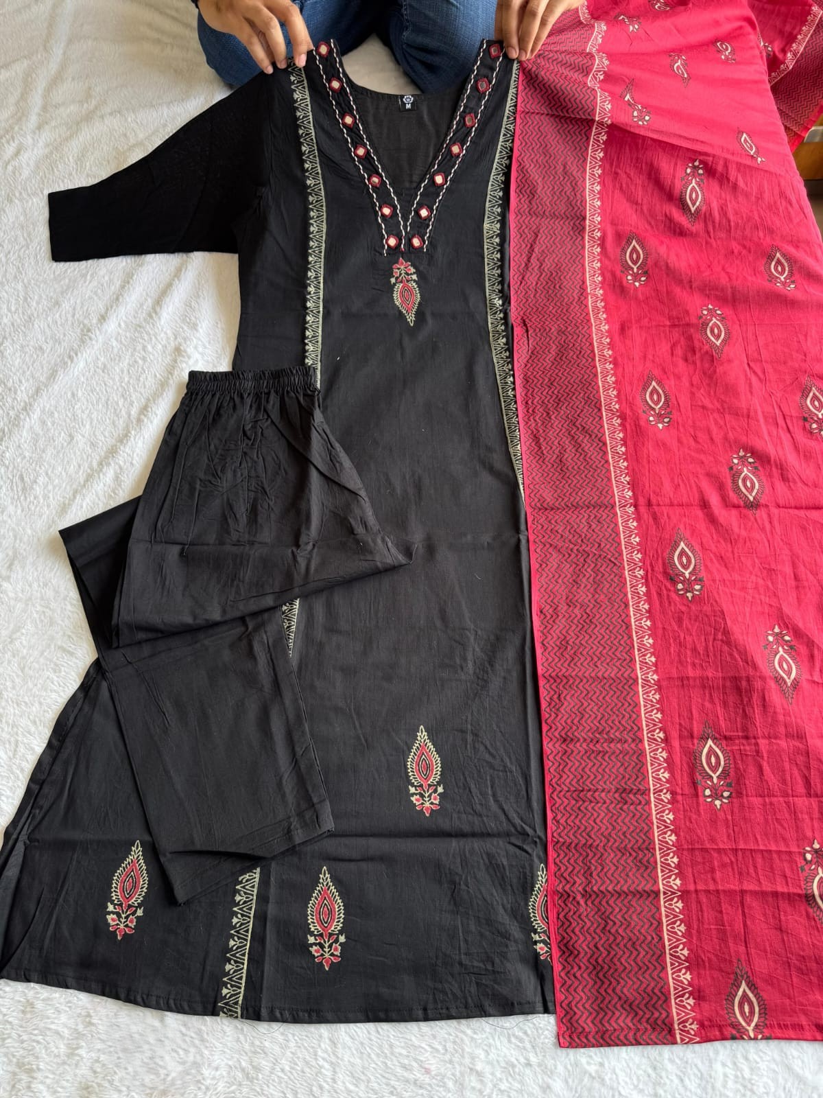 A-Line Cotton Block Print Kurti Pant Dupatta Set