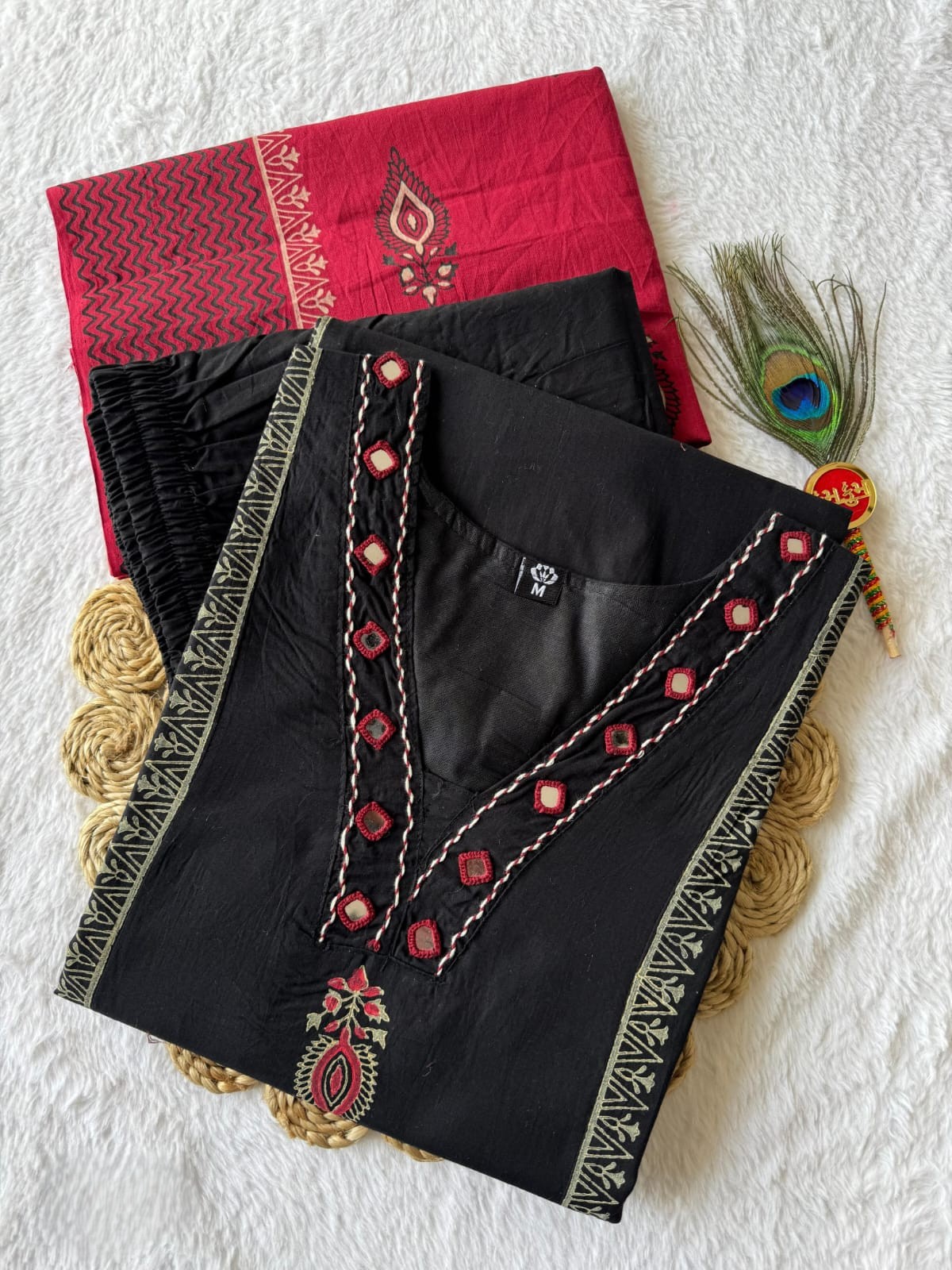 A-Line Cotton Block Print Kurti Pant Dupatta Set