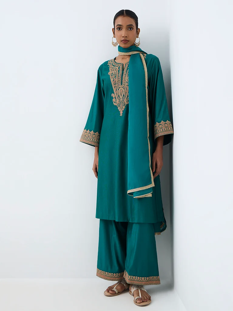 Vark Teal Paisley Embroidered Straight Salwar Set