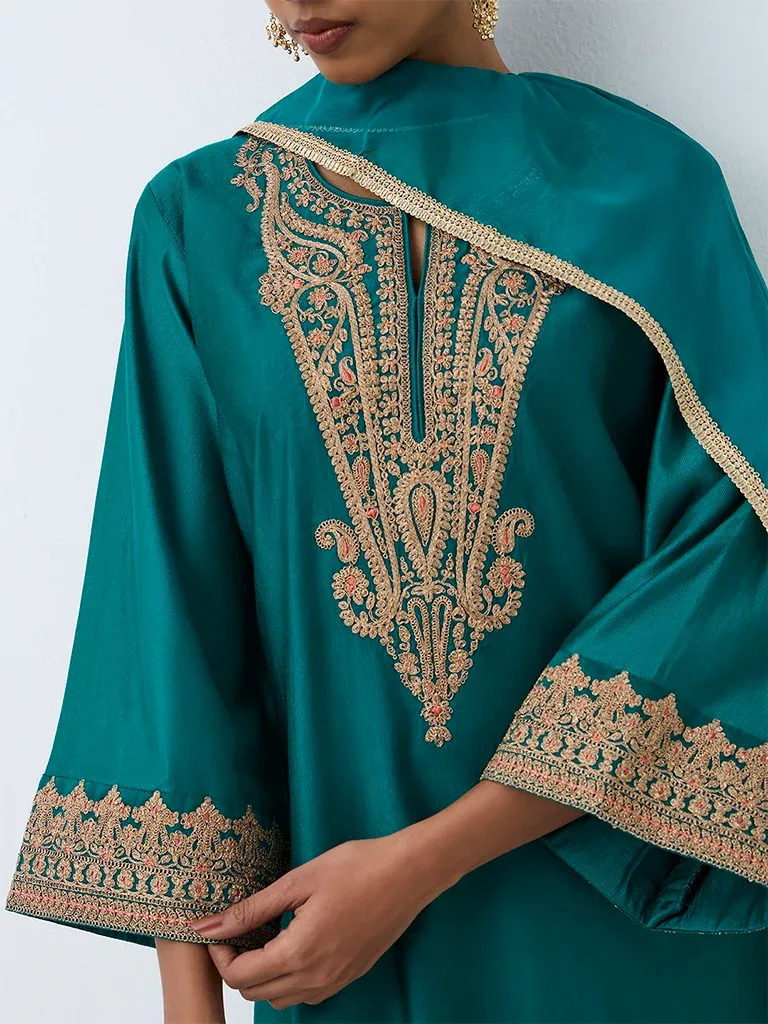 Vark Teal Paisley Embroidered Straight Salwar Set