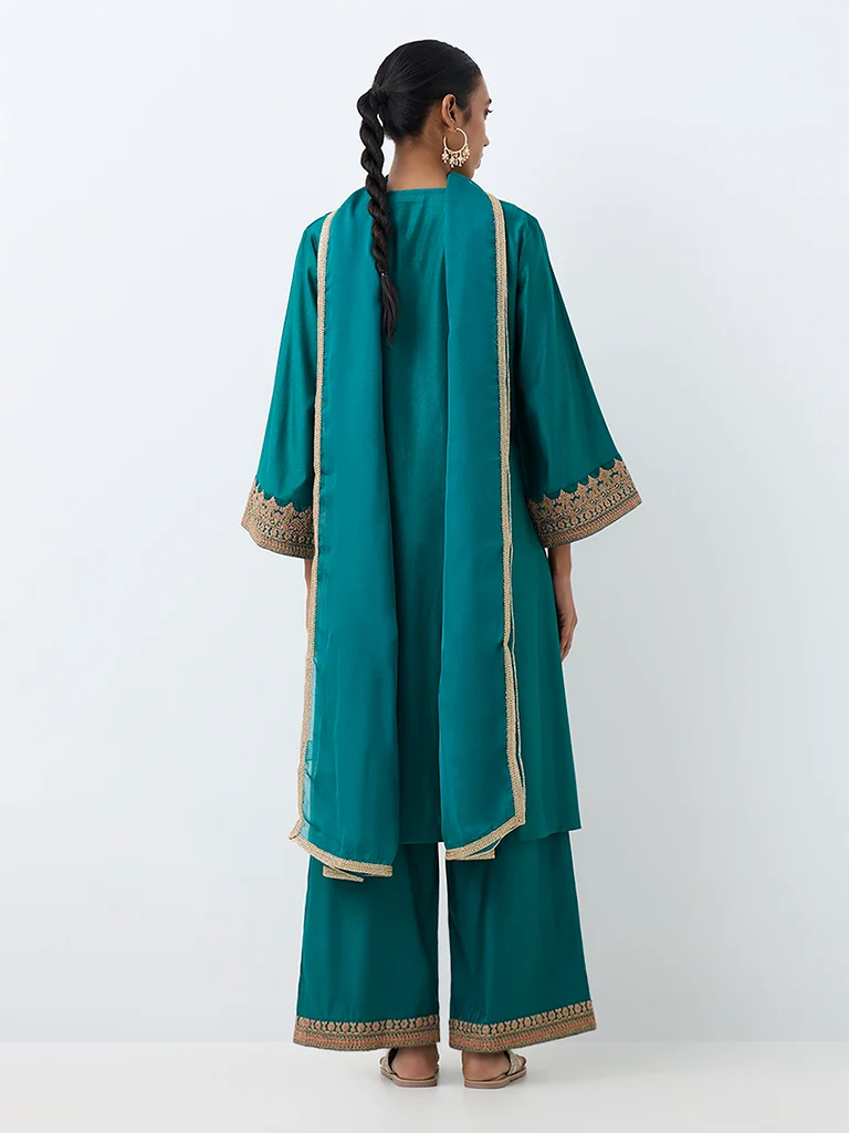 Vark Teal Paisley Embroidered Straight Salwar Set