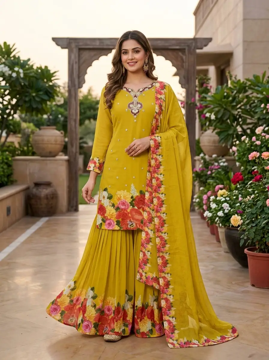 Floral Printed Regular Thread Work Kurta with Sharara & With Dupatta
