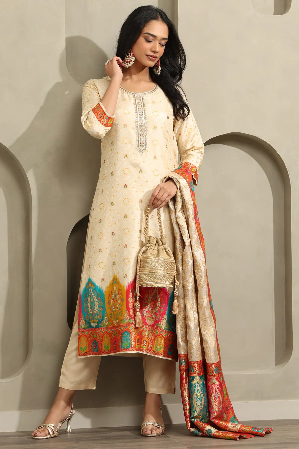 Dola Silk Bandhani Printed Zari Woven Salwar Suit With Beads And Stones