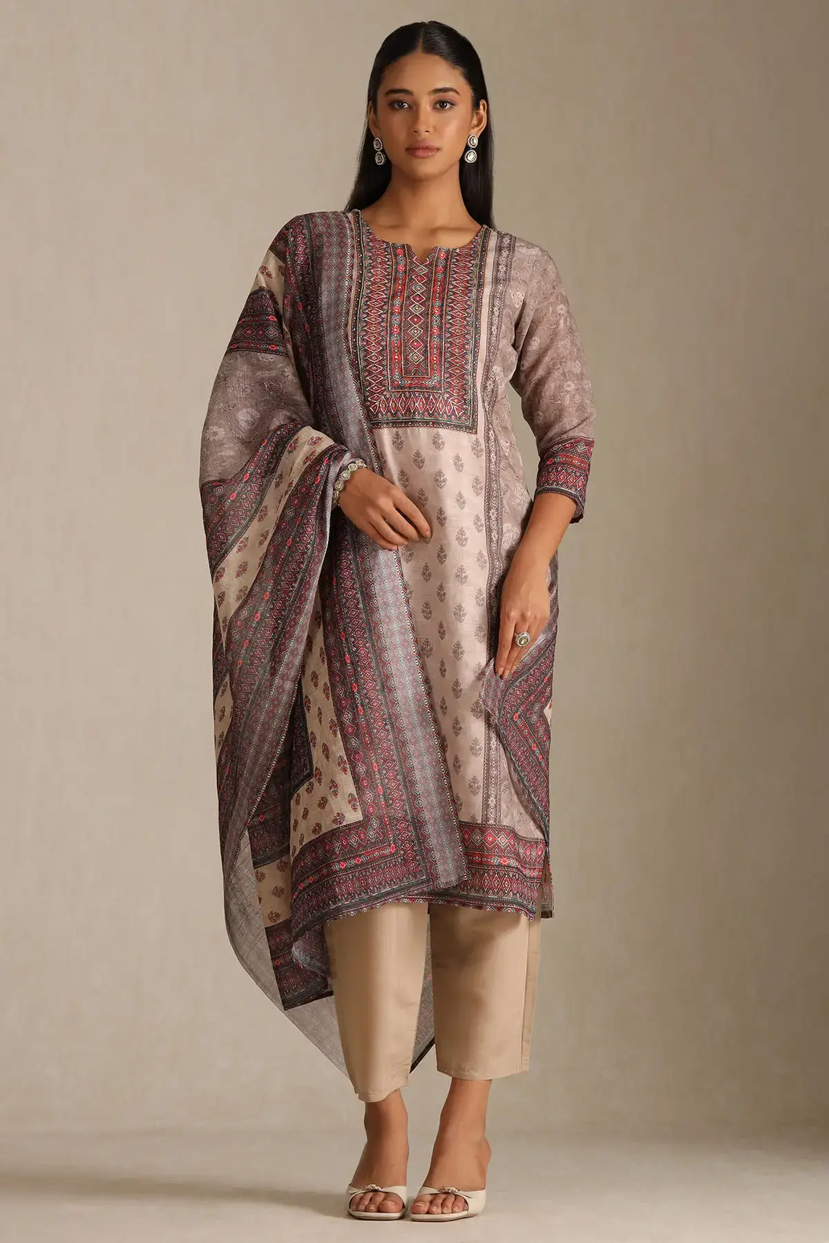 Beige Linen Botanical Print Straight Salwar Set With Cutdana