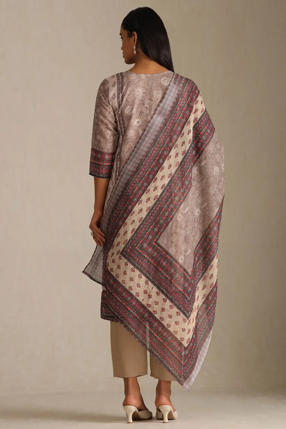 Beige Linen Botanical Print Straight Salwar Set With Cutdana