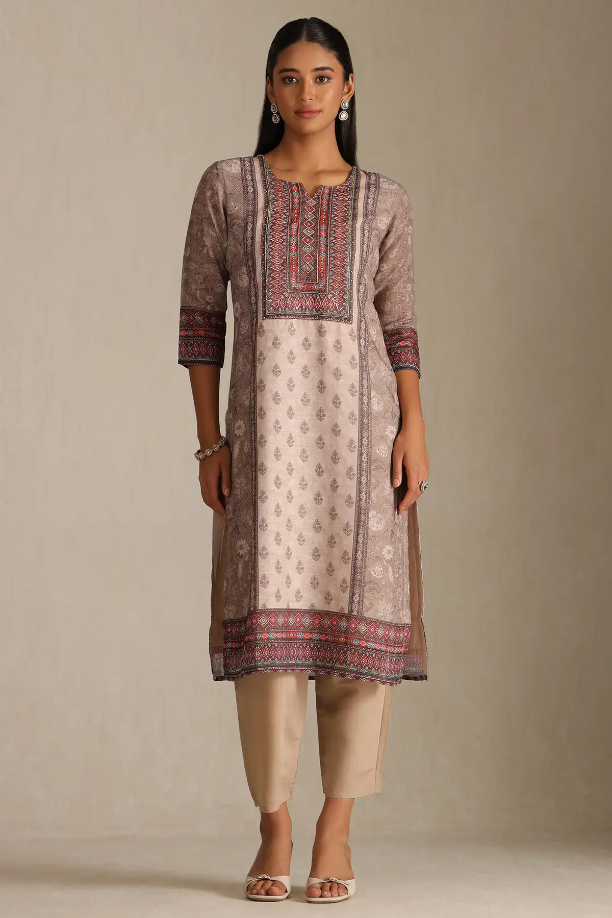 Beige Linen Botanical Print Straight Salwar Set With Cutdana
