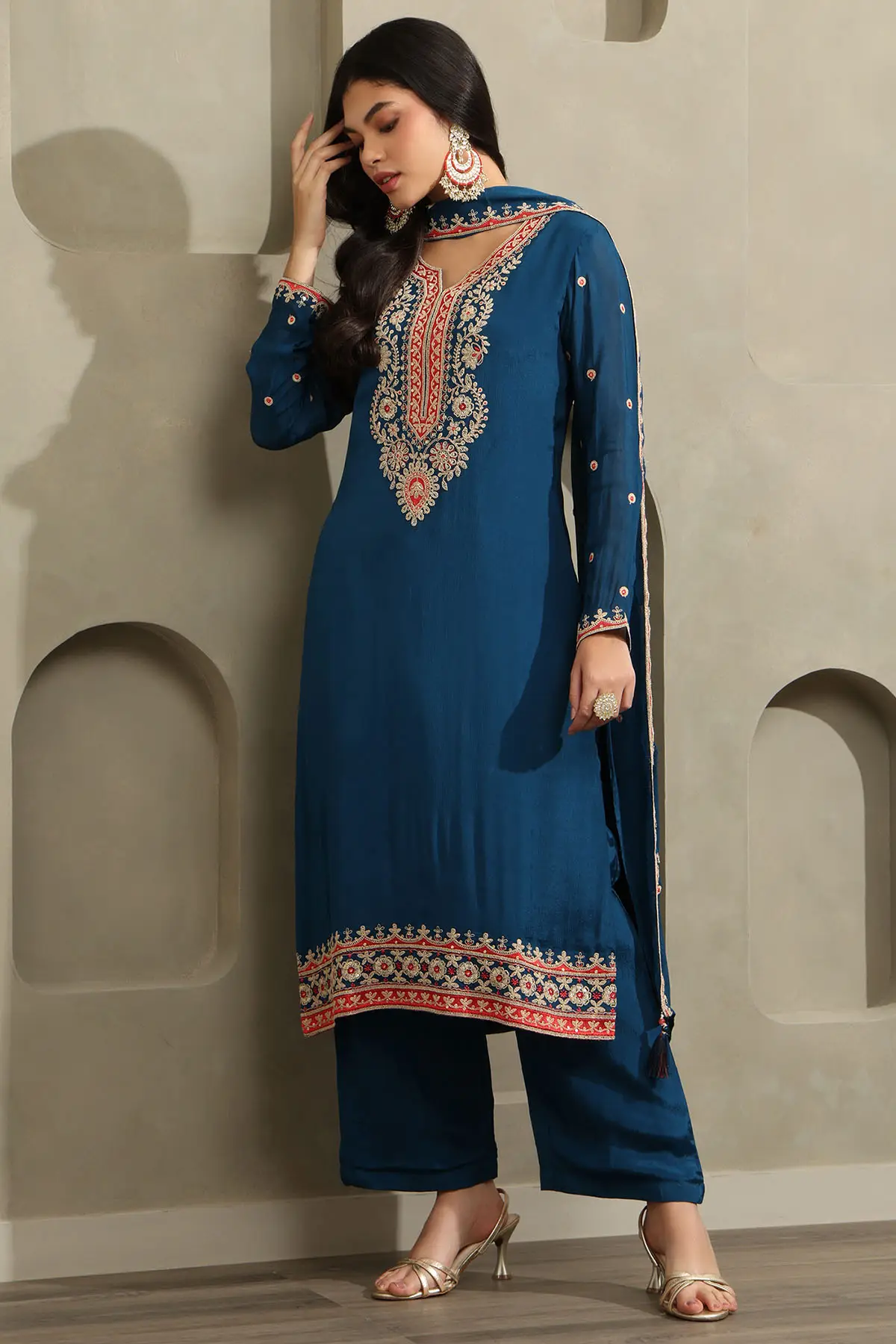 Blue Chinon Ethnic Motifs Zari Embroidered Salwar Suit