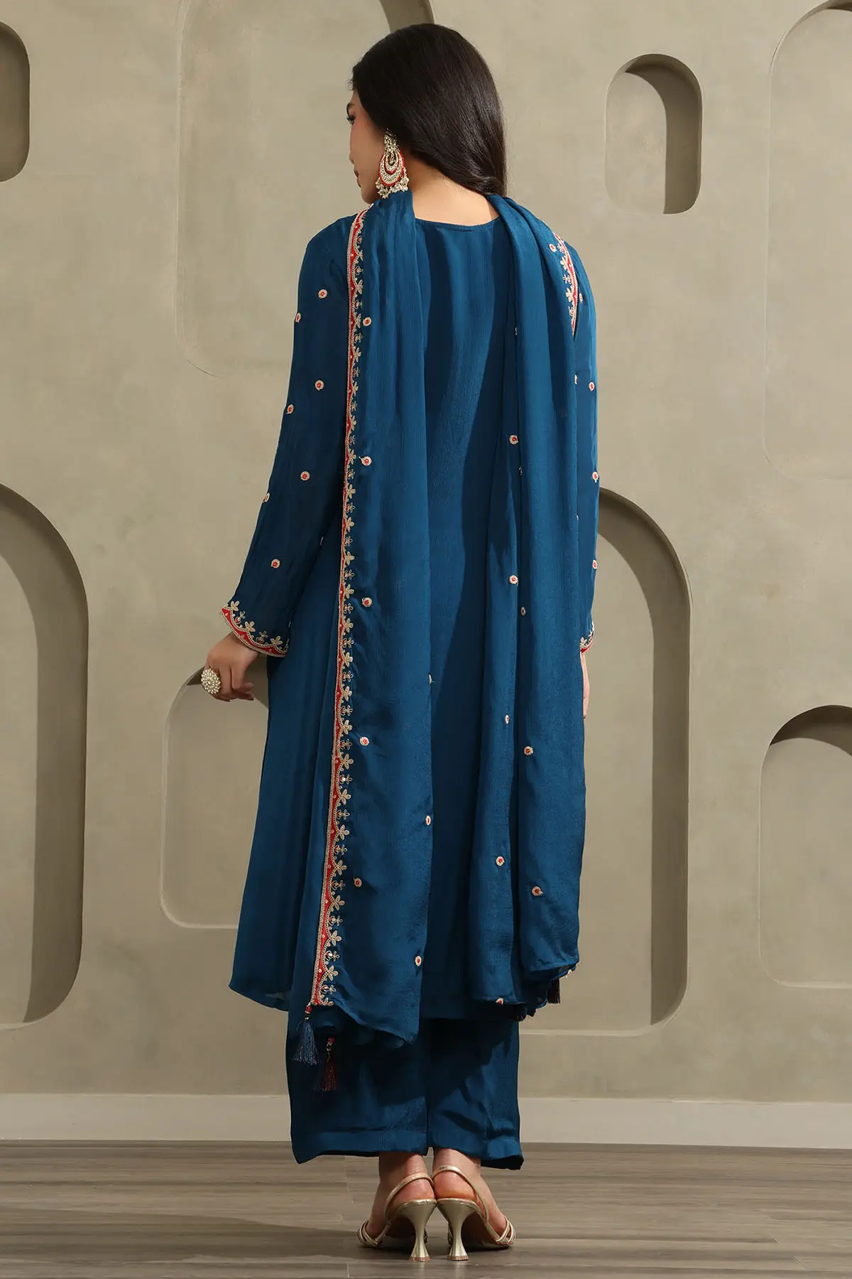 Blue Chinon Ethnic Motifs Zari Embroidered Salwar Suit
