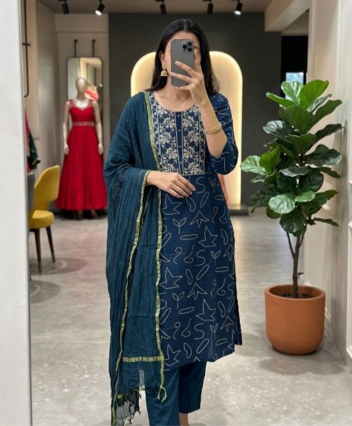 Navy Blue Printed Straight Salwar Set