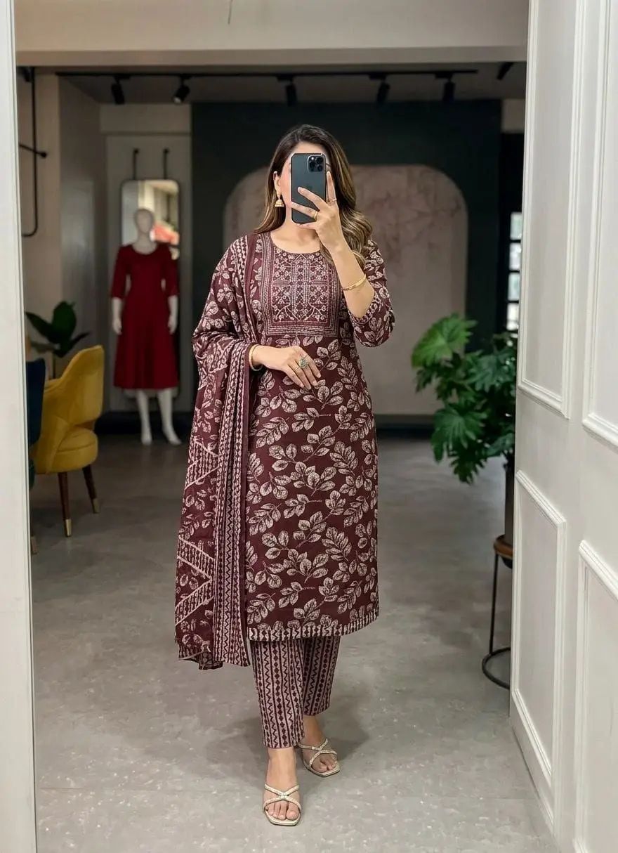Maroon Leaf Print Salwar Set