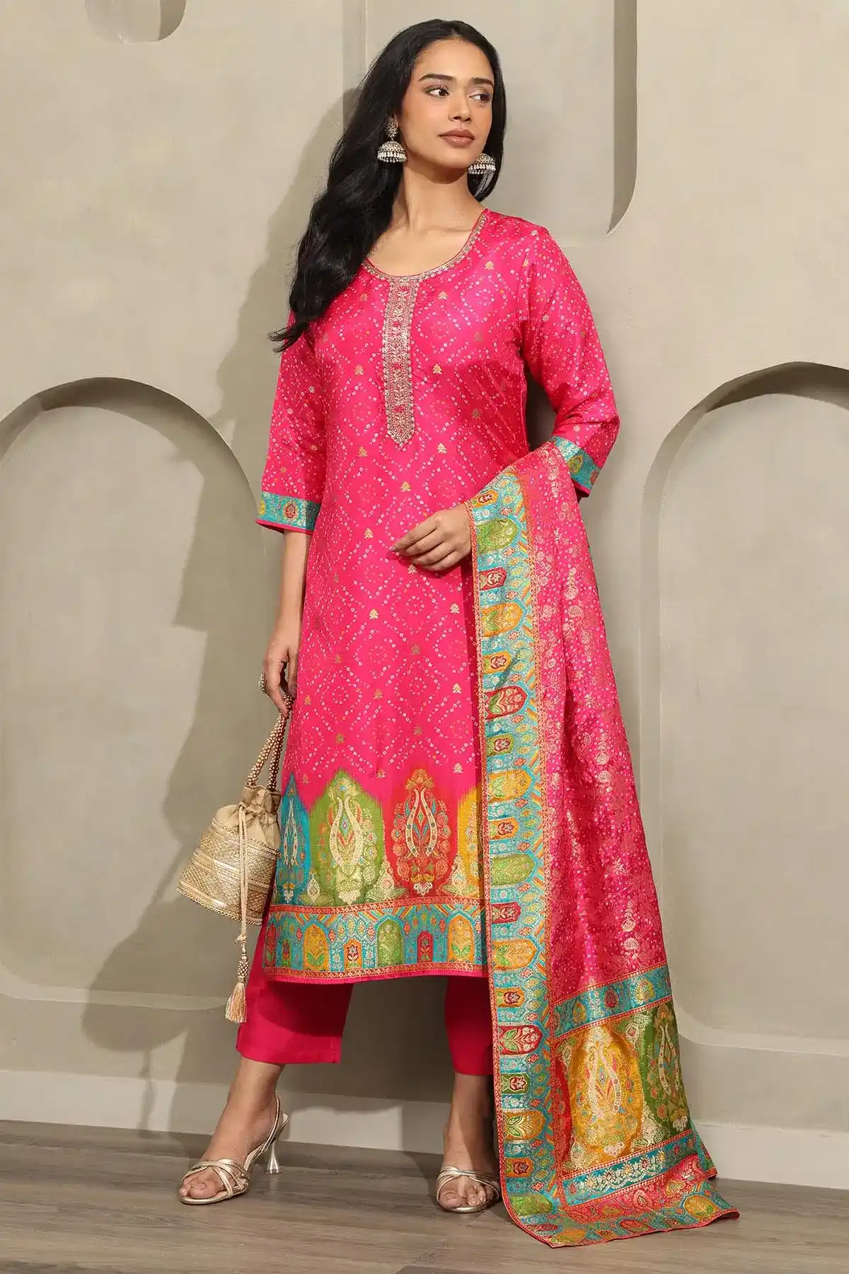 Dola Silk Bandhani Printed Zari Woven Salwar Suit With Beads And Stones