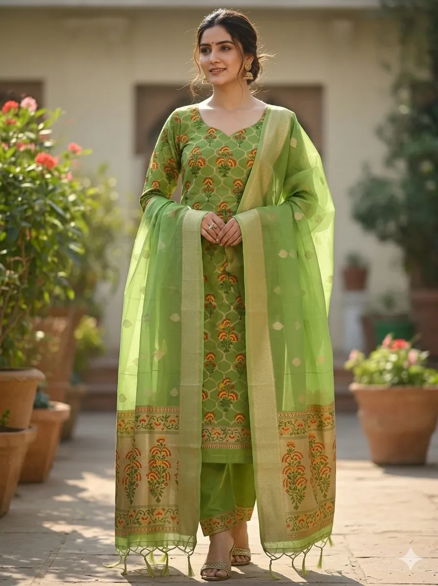 Banarasi Suits – Jamdani Silky Cotton Tilfi Meena & Zari Woven with Dupatta