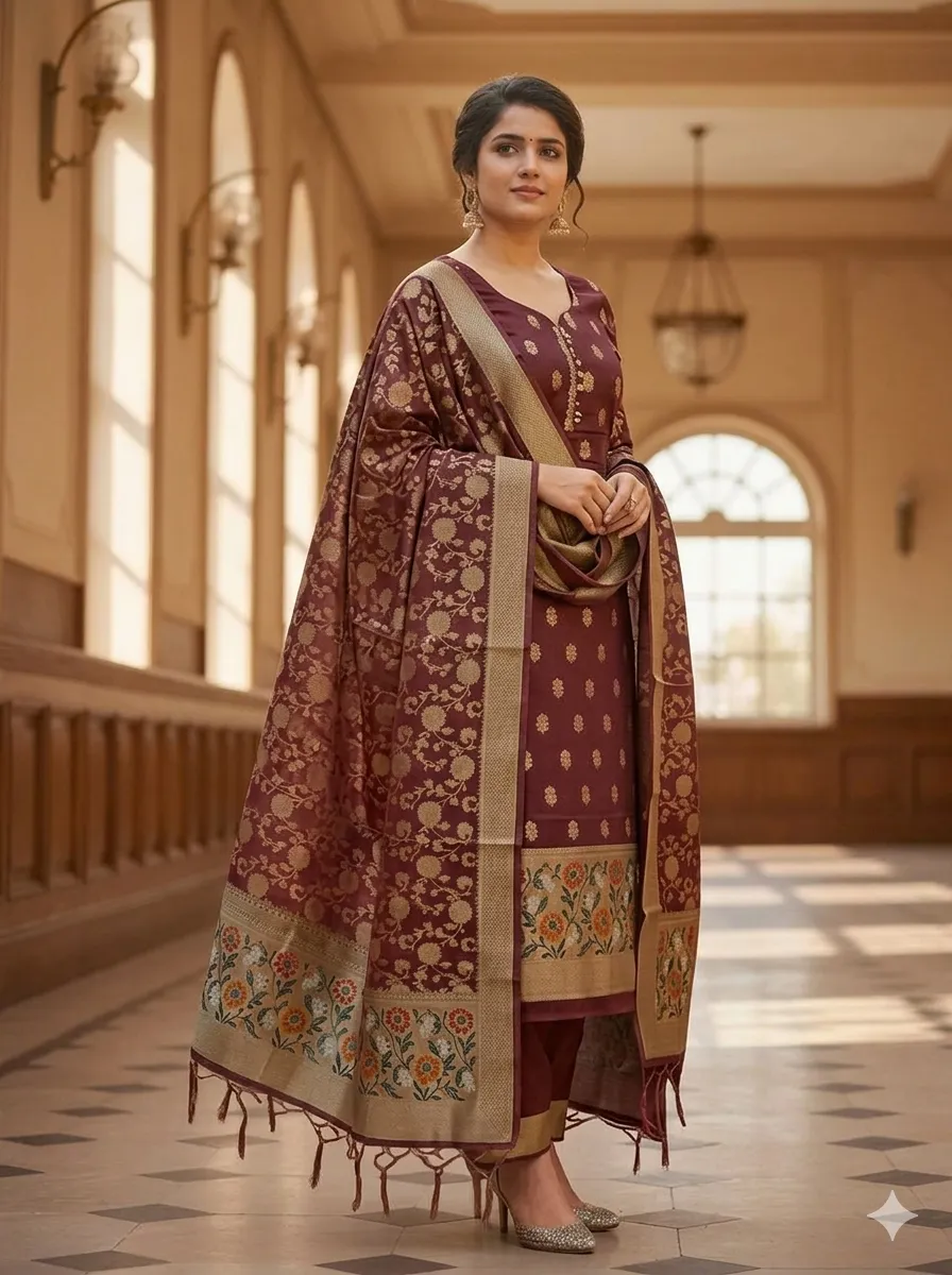 Banarasi suits Jamdani Tilfi Cotton -maroon