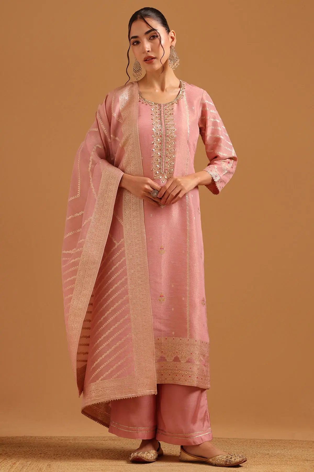 Premium Tissue Woven Straight Salwar Suit with Ethnic Motifs & Bead Work