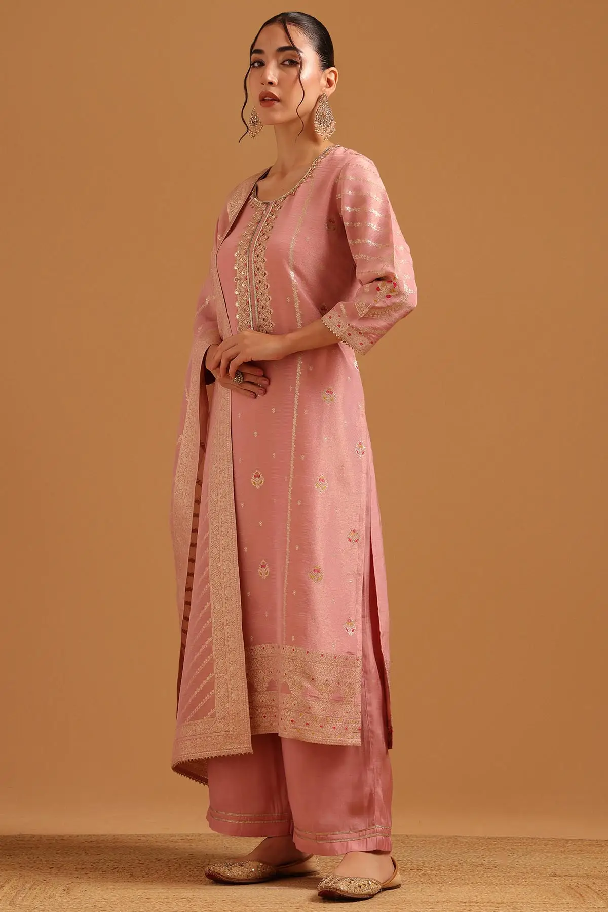 Premium Tissue Woven Straight Salwar Suit with Ethnic Motifs & Bead Work