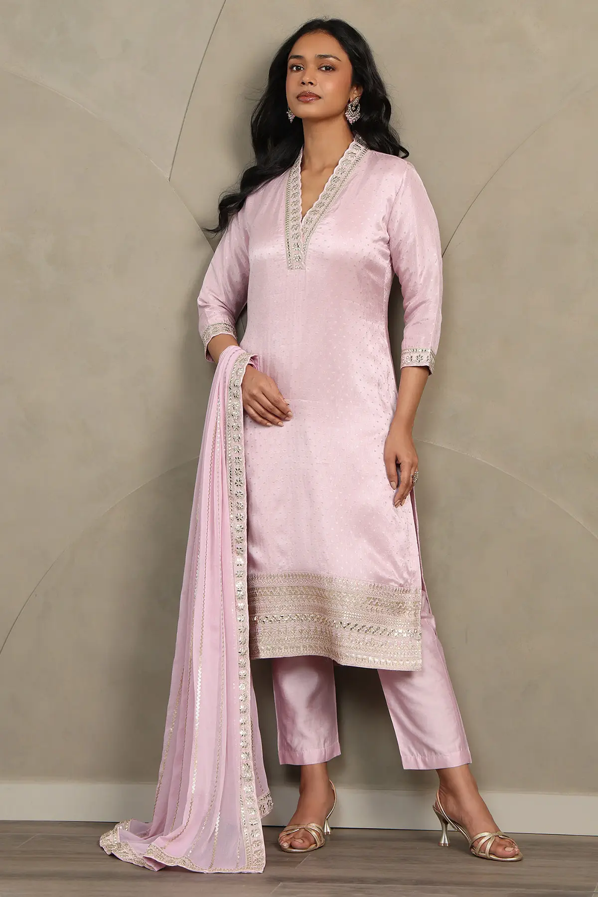 Pink Vichitra Zari Woven Salwar Suit With Faux Mirror And Sequins