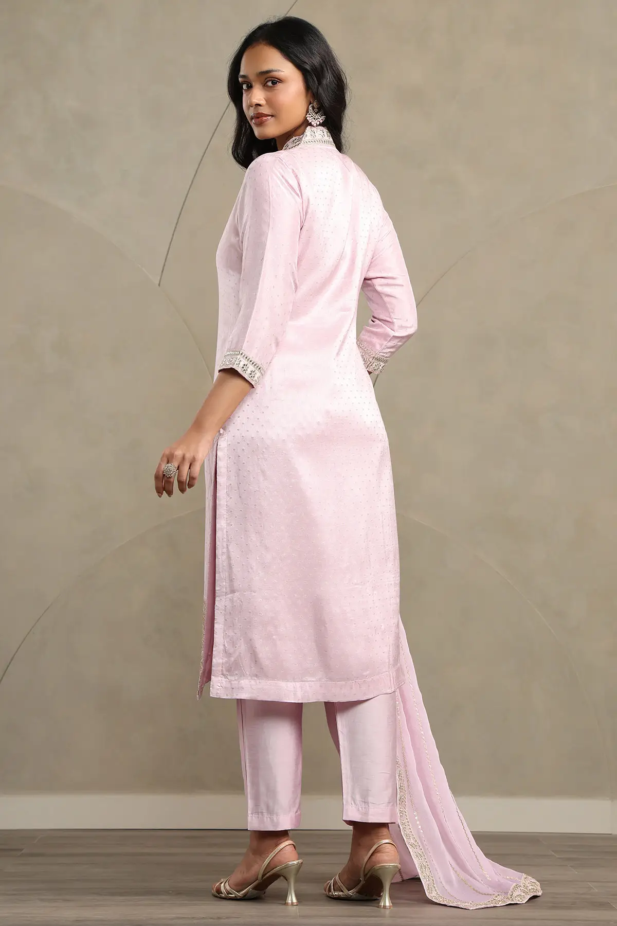 Pink Vichitra Zari Woven Salwar Suit With Faux Mirror And Sequins