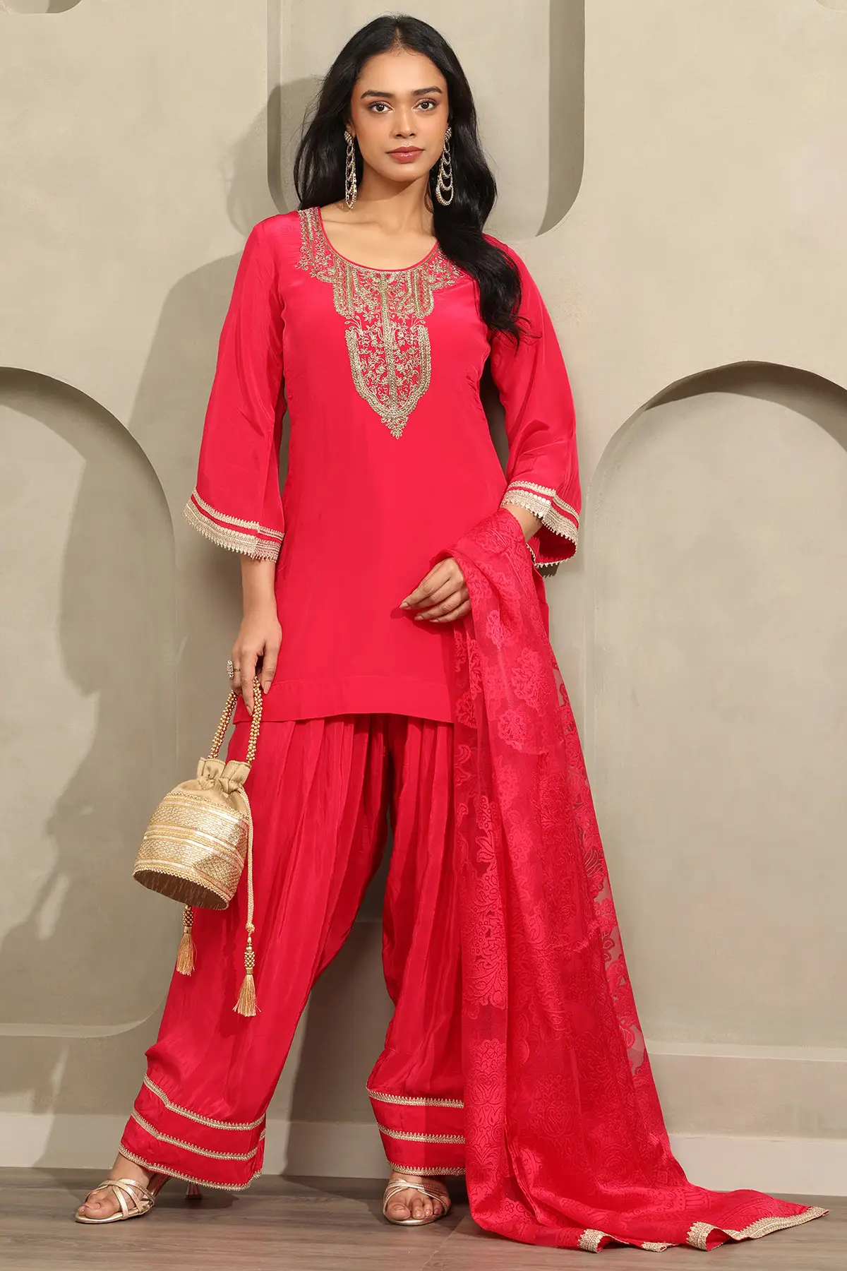Red Crepe Ethnic Motifs Zari Embroidered Straight Salwar