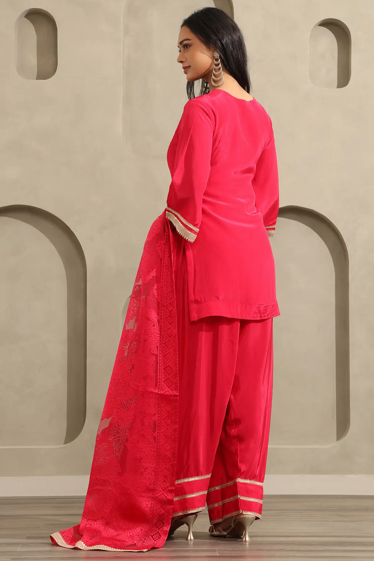 Red Crepe Ethnic Motifs Zari Embroidered Straight Salwar