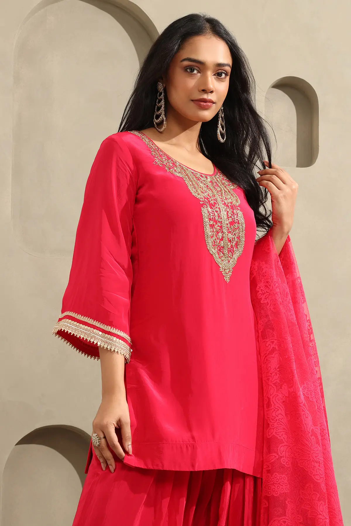 Red Crepe Ethnic Motifs Zari Embroidered Straight Salwar