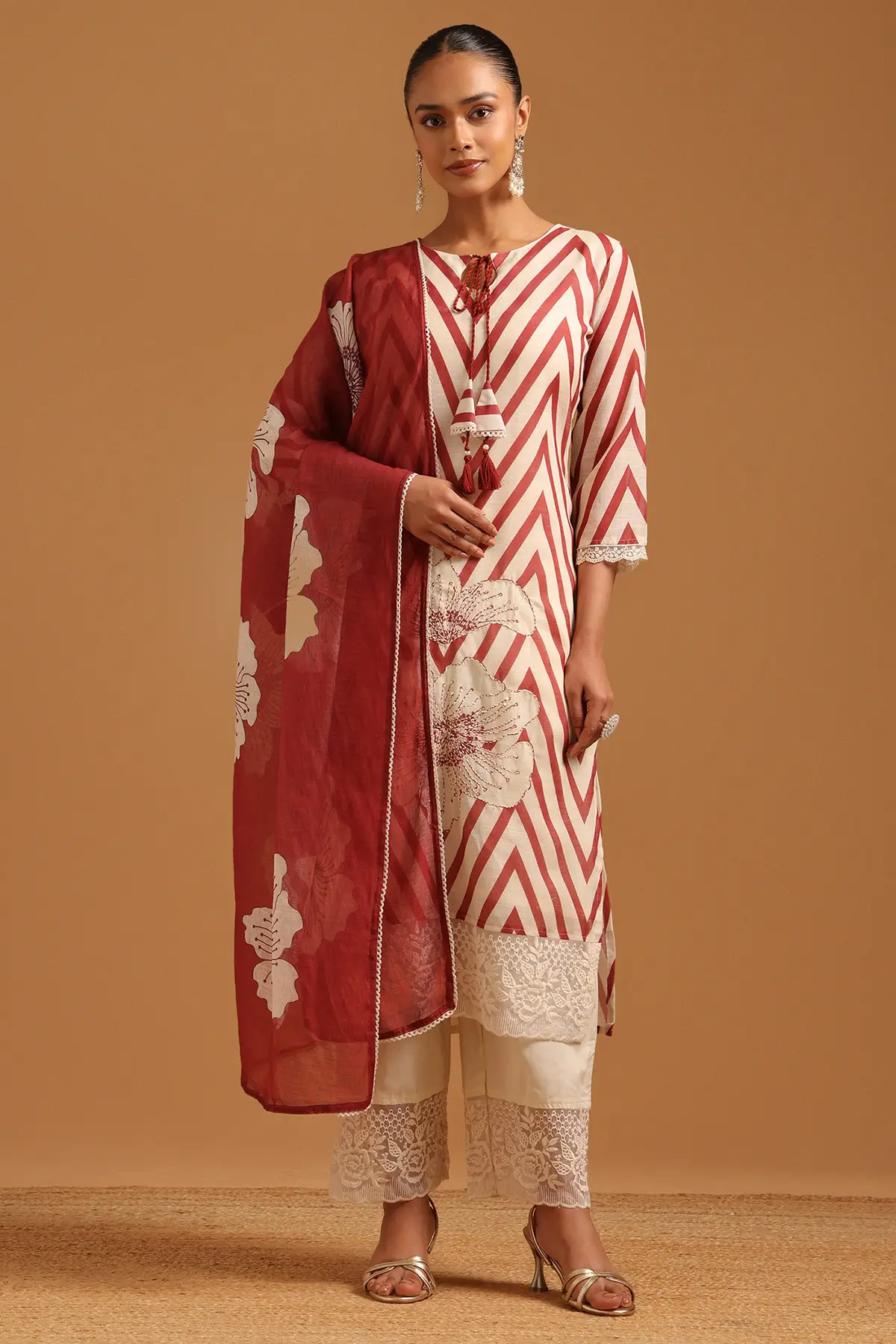 Rust Cotton Chevrons Printed Straight Salwar With Sequins