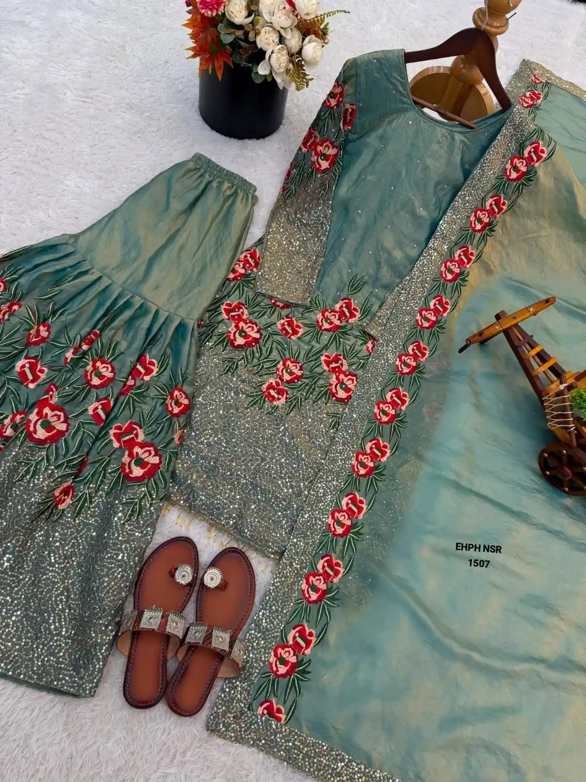 Pure Fendy Silk Heavy Embroidered Sharara Salwar Set with Dupatta