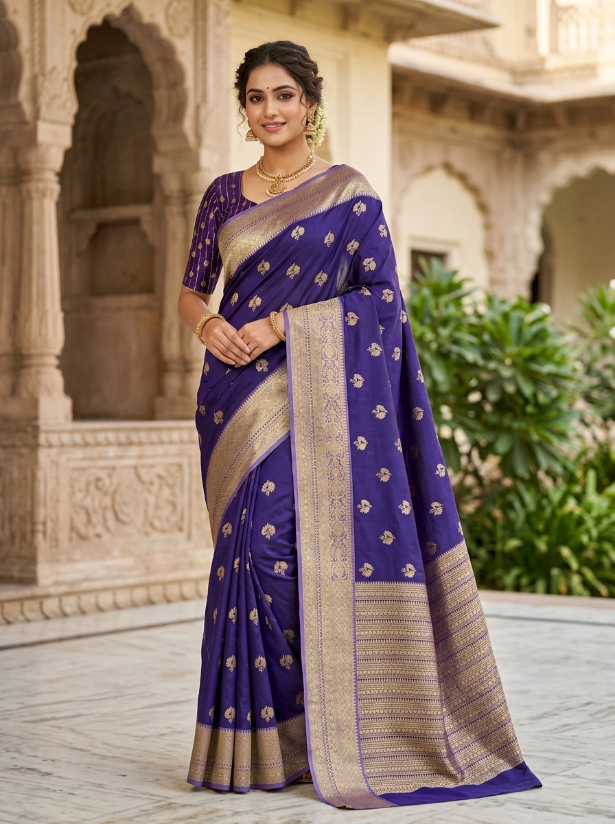 Banarasi Katan Silk Saree with Kanchi Border & Double Zari Butti Design