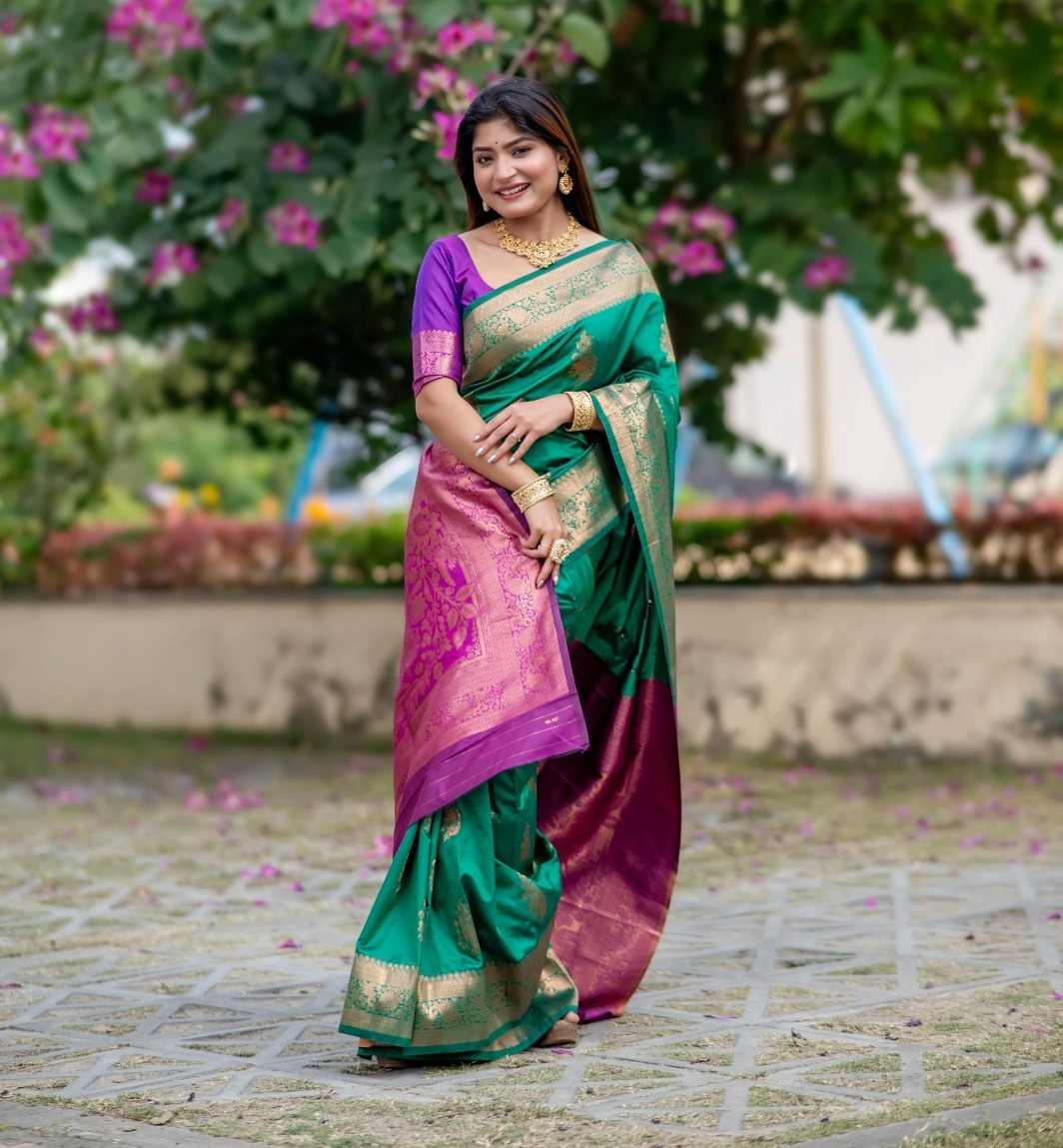 Banarasi Katan Silk Saree - Emerald Green