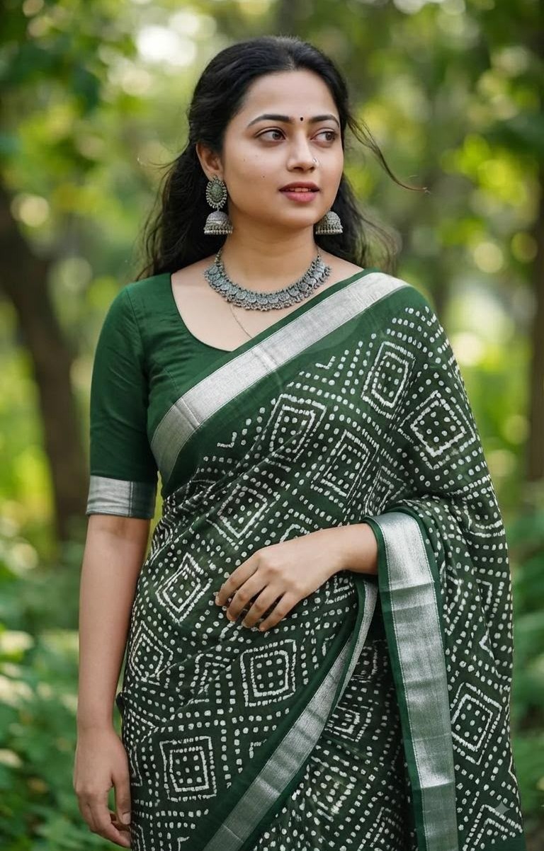 Mul Linen Bandini Print Saree - Emerald Green